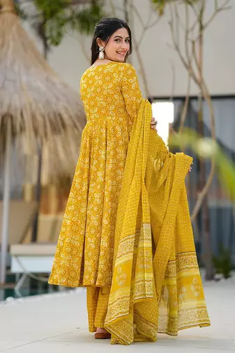 Yellow printed muslin palazzo Suit