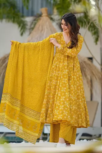 Yellow printed muslin palazzo Suit