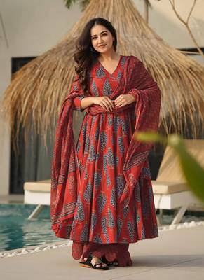Rust red printed muslin palazzo Suit 1