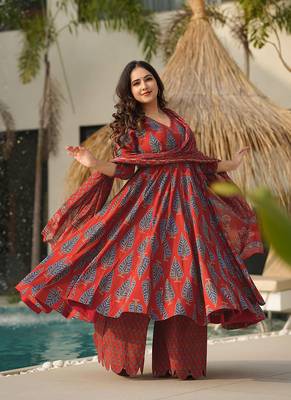Rust red printed muslin palazzo Suit 3
