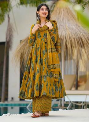 Mustard printed muslin palazzo Suit 1
