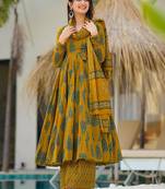 Mustard printed muslin palazzo Suit