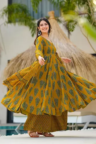 Mustard printed muslin palazzo Suit