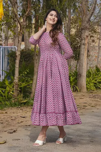 Purple printed rayon gown