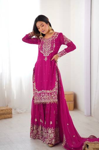 Pink faux georgette sharara set with heavy embroidery detailing