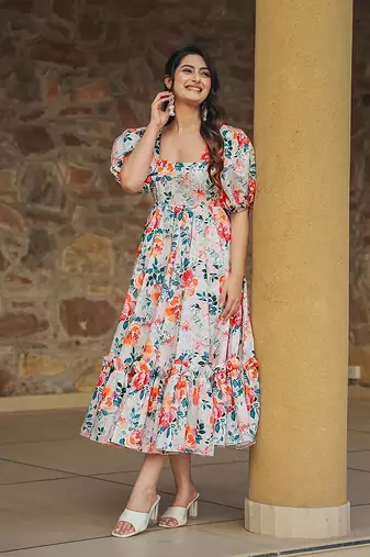 White printed rayon gown