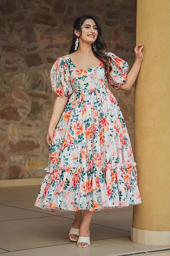 White printed rayon gown