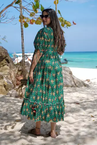 Green printed rayon gown