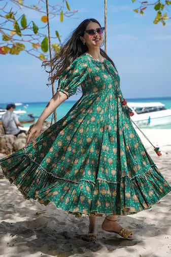 Green printed rayon gown