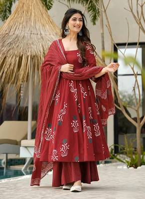 Maroon printed cottan palazzo Suit 1