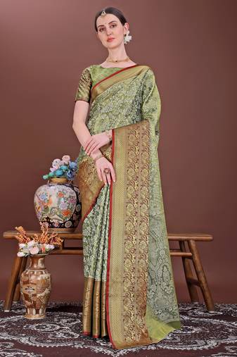 green zari woven silk blend saree