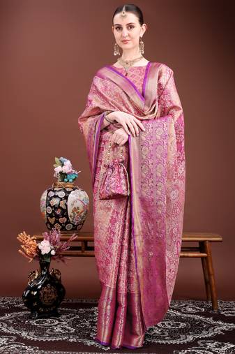 Dark pink zari woven silk blend saree