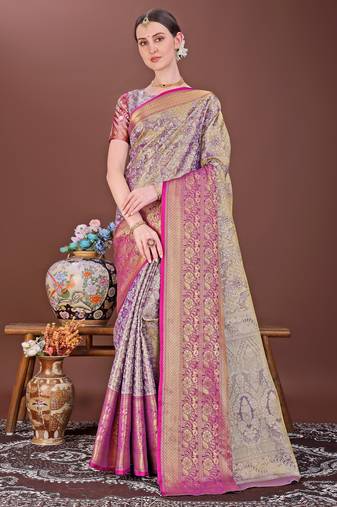Purple zari woven silk blend saree