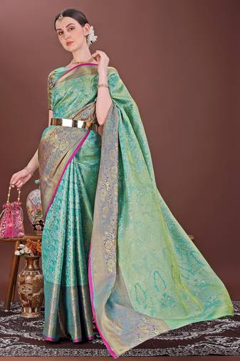 Teal zari woven silk blend saree