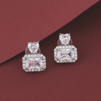 Pretty squire shape studded cz silver plated stud earring for women and girls 1