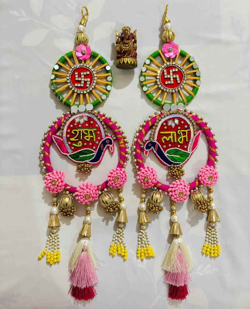 Shubh Labh Decorative Wall Hanging with Swastik, Birds, and Tassels