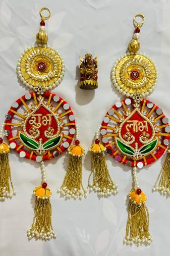 raditional Shubh Labh Wall Hanging with Golden Tassels & Beaded Detailing