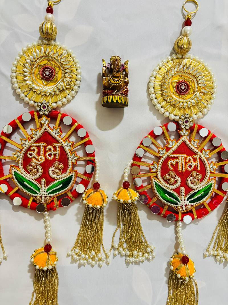 raditional Shubh Labh Wall Hanging with Golden Tassels & Beaded Detailing