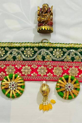 Traditional Decorative Door Toran with Green & Red Lace, Golden Embellishments, and Beaded Tassels