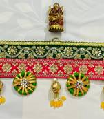 Traditional Decorative Door Toran with Green & Red Lace, Golden Embellishments, and Beaded Tassels