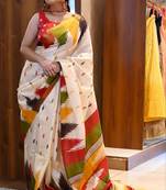 White cotton bagru printed saree with printed blouse
