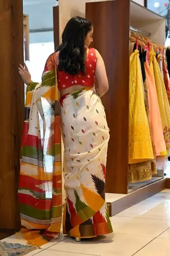White cotton bagru printed saree with printed blouse