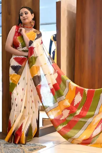 White cotton bagru printed saree with printed blouse