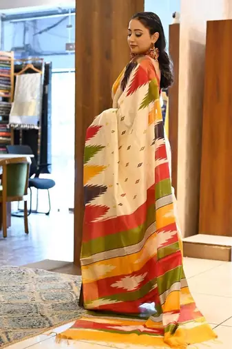 White cotton bagru printed saree with printed blouse