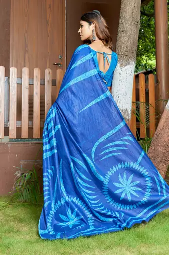 Blue soft pure cotton bagru printed saree with printed blouse piece