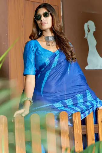 Blue soft pure cotton bagru printed saree with printed blouse piece