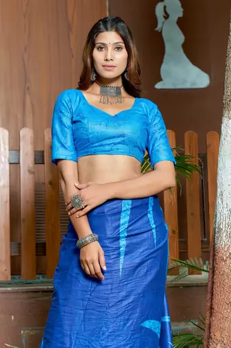 Blue soft pure cotton bagru printed saree with printed blouse piece
