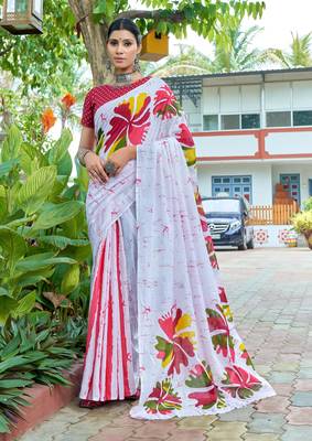 White cotton bagru printed saree with printed blouse piece 1
