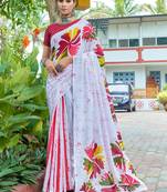 White cotton bagru printed saree with printed blouse piece
