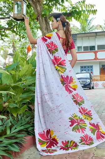White cotton bagru printed saree with printed blouse piece