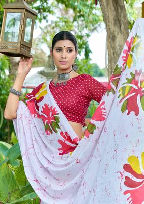 White cotton bagru printed saree with printed blouse piece 3