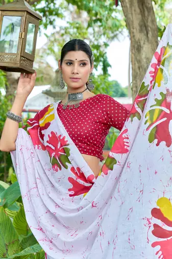 White cotton bagru printed saree with printed blouse piece