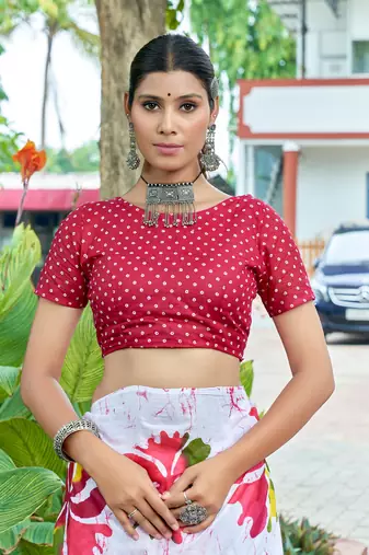 White cotton bagru printed saree with printed blouse piece