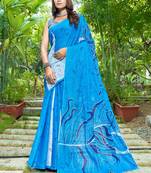 Blue soft pure cotton bagru printed saree with printed blouse piece