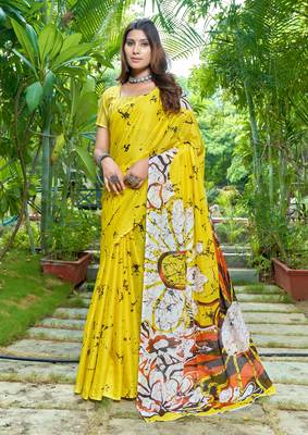 Yellow soft pure cotton bagru printed saree with printed blouse piece 1