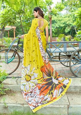 Yellow soft pure cotton bagru printed saree with printed blouse piece 2
