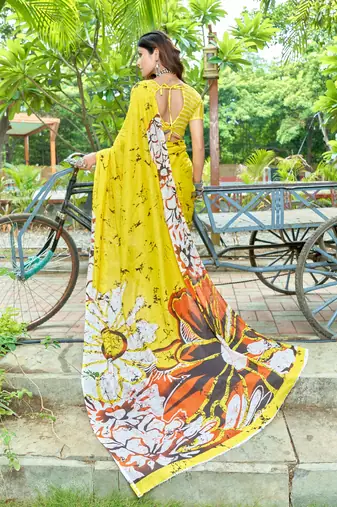 Yellow soft pure cotton bagru printed saree with printed blouse piece