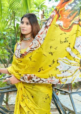 Yellow soft pure cotton bagru printed saree with printed blouse piece 3