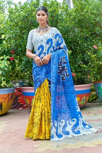 Multi soft pure cotton bagru printed saree with printed blouse piece