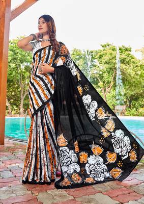 Black cotton bagru printed saree with printed blouse piece 1