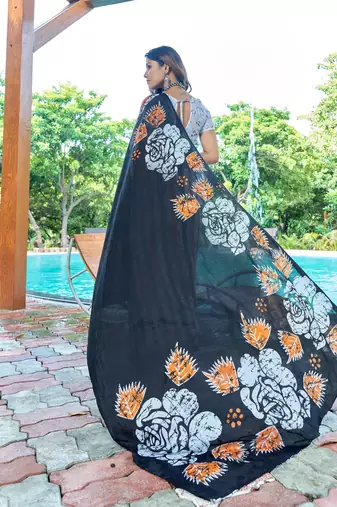 Black cotton bagru printed saree with printed blouse piece