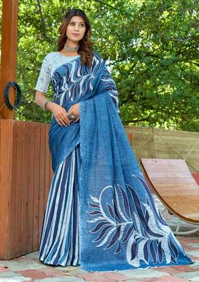 Blue cotton bagru printed saree with printed blouse piece 1