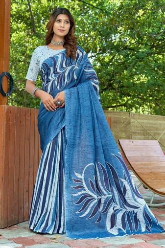 Blue cotton bagru printed saree with printed blouse piece