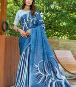 Blue cotton bagru printed saree with printed blouse piece