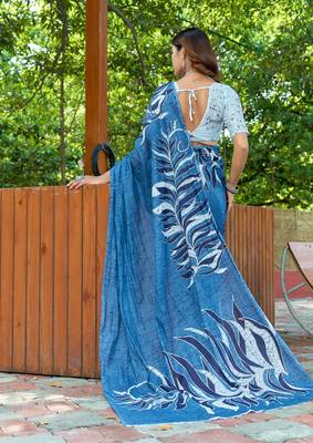 Blue cotton bagru printed saree with printed blouse piece 2