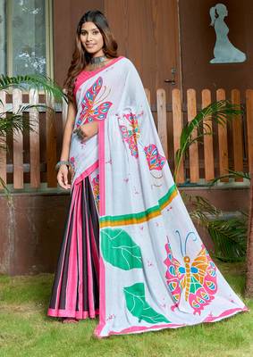 White soft pure cotton bagru printed saree with printed blouse piece 1